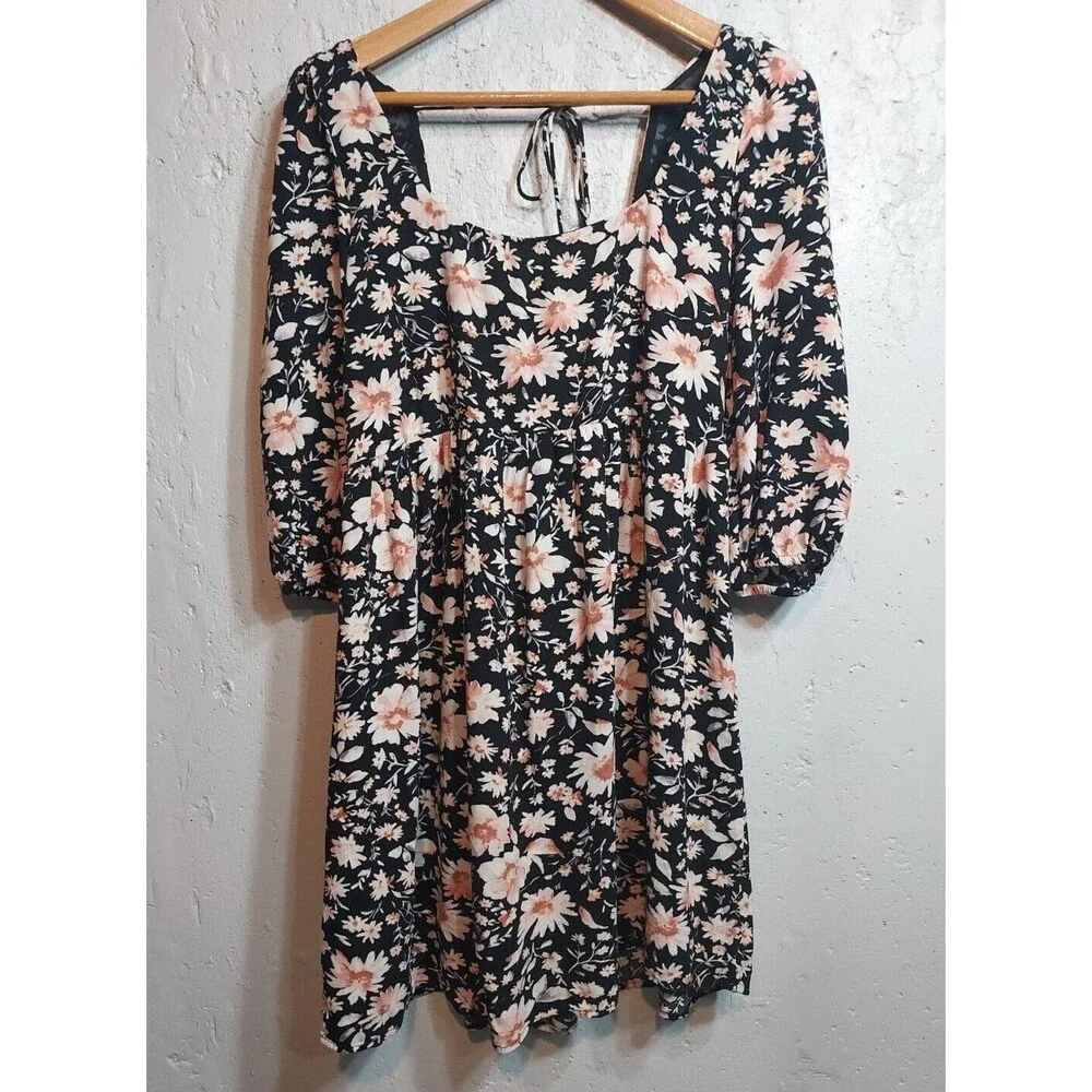 American Eagle Babydoll Dress Mini Short Tie Back Puff Sleeve Black Floral S‎